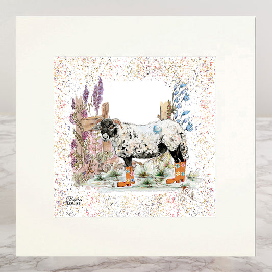 Sheep Bouquet Boots Mounted Print