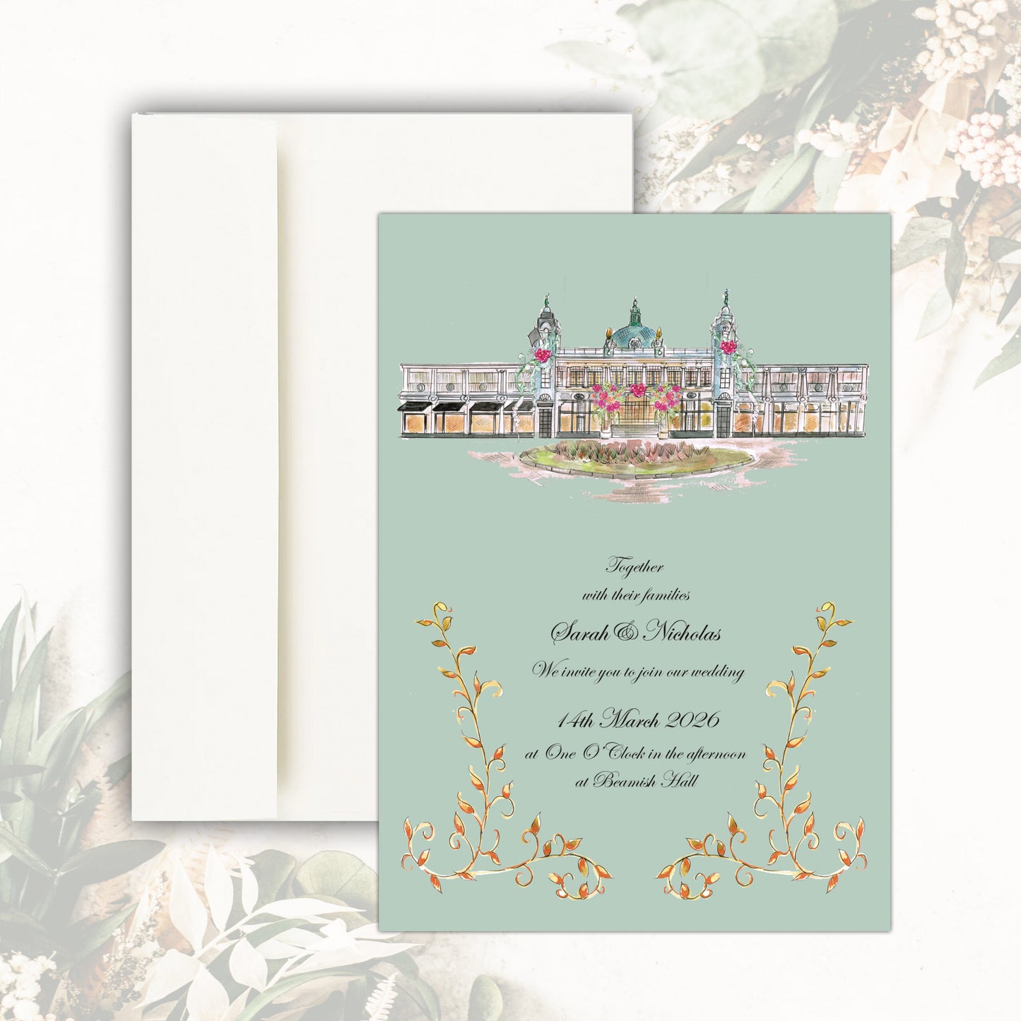 The Spanish City Wedding Invitation (Green)