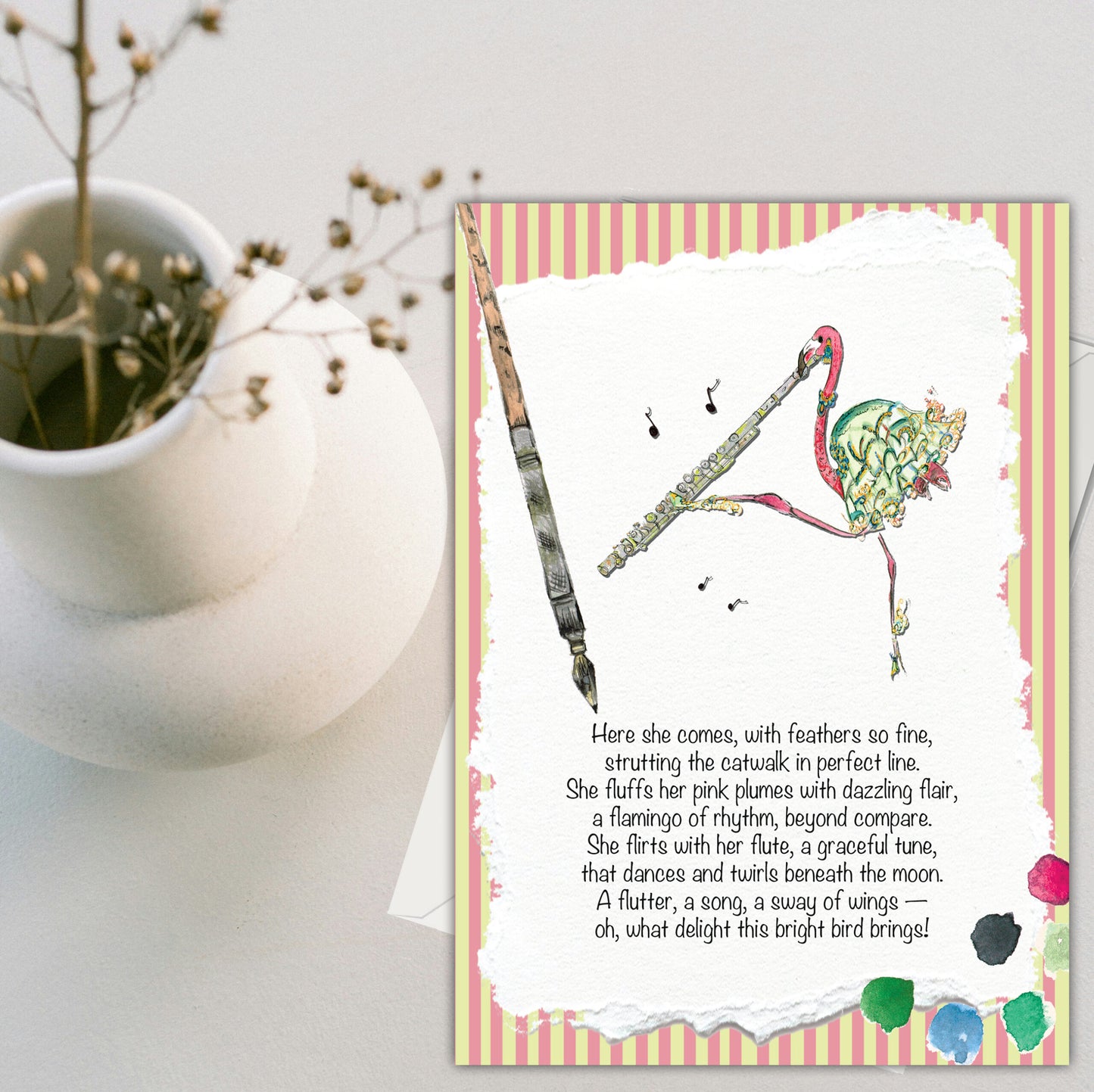 Flute and a Flamingo Greeting Card - Pack of 6