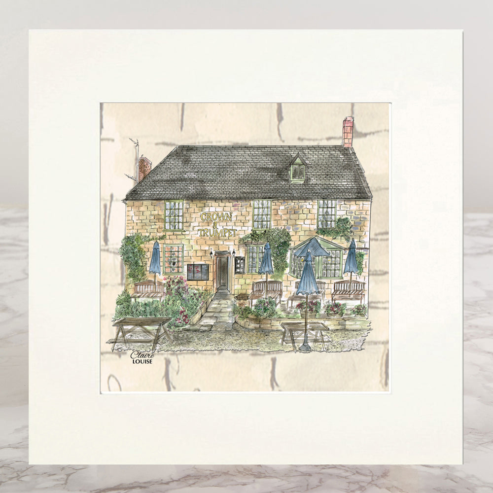 The Crown & Trumpet Costwolds Mounted Print