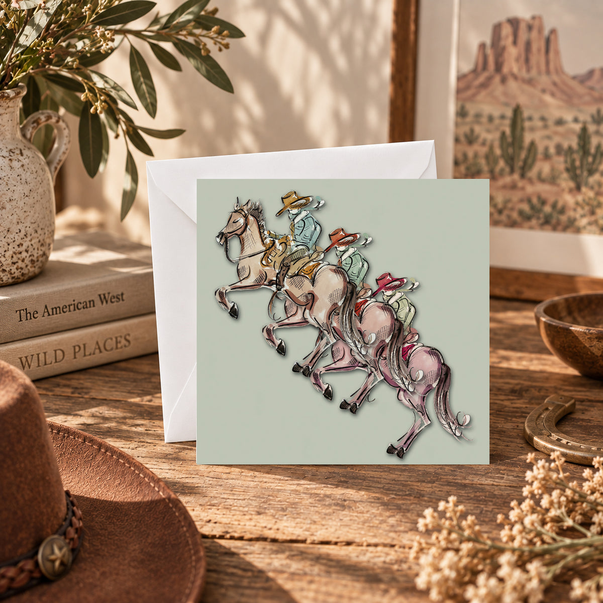 A square greeting card with an illustrated western scene of three horses and riders, displayed on a rustic wooden table with a white envelope behind it. The card is surrounded by styled props including a cowboy hat, books, a vase with leaves, and framed desert artwork.