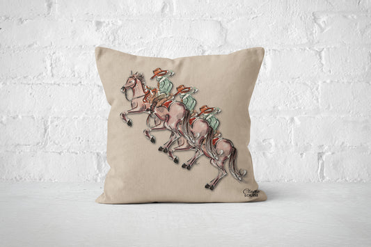A square beige throw pillow featuring an illustration of three cowboys.