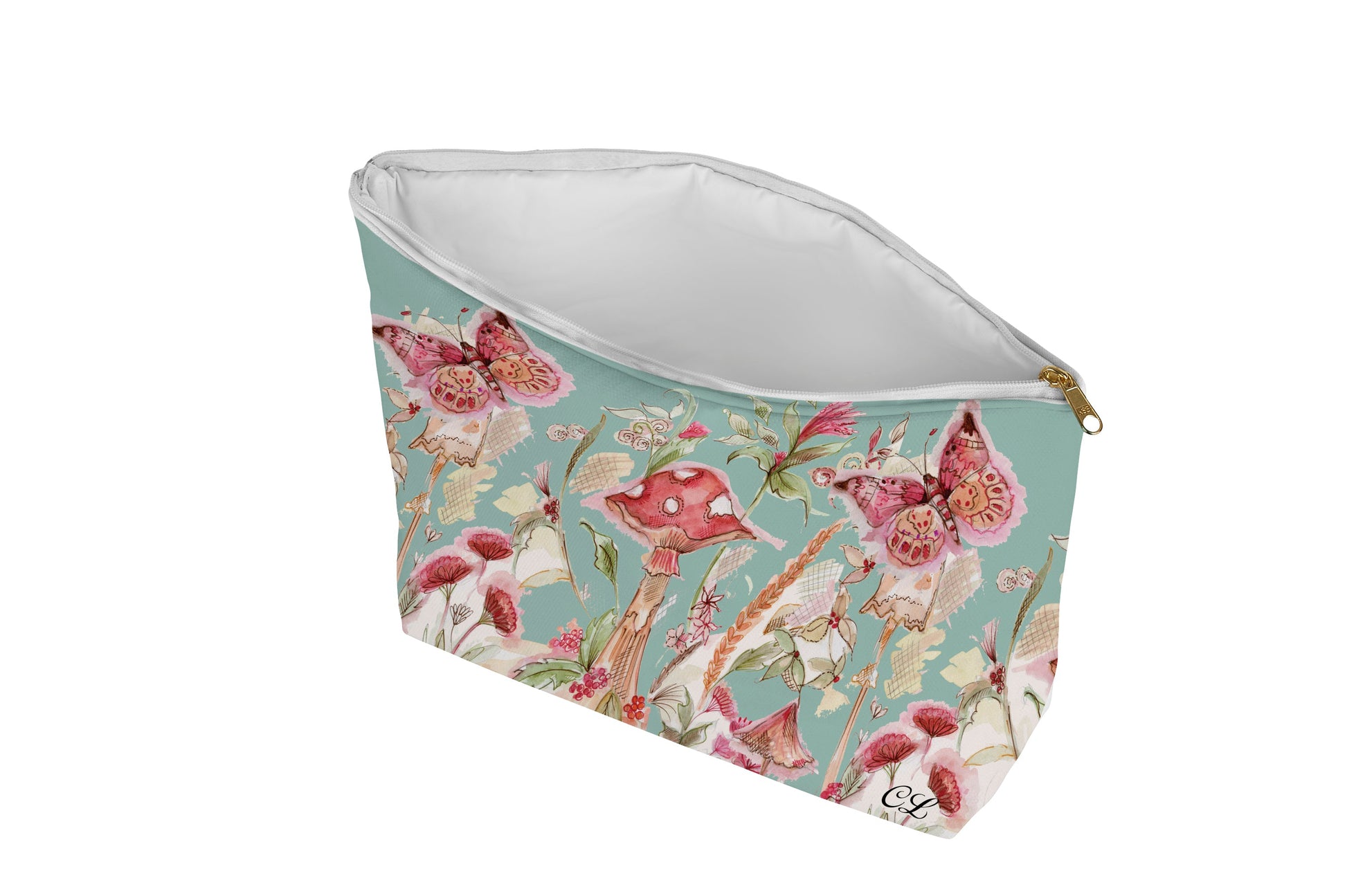 Floral-patterned pouch on a mint green background