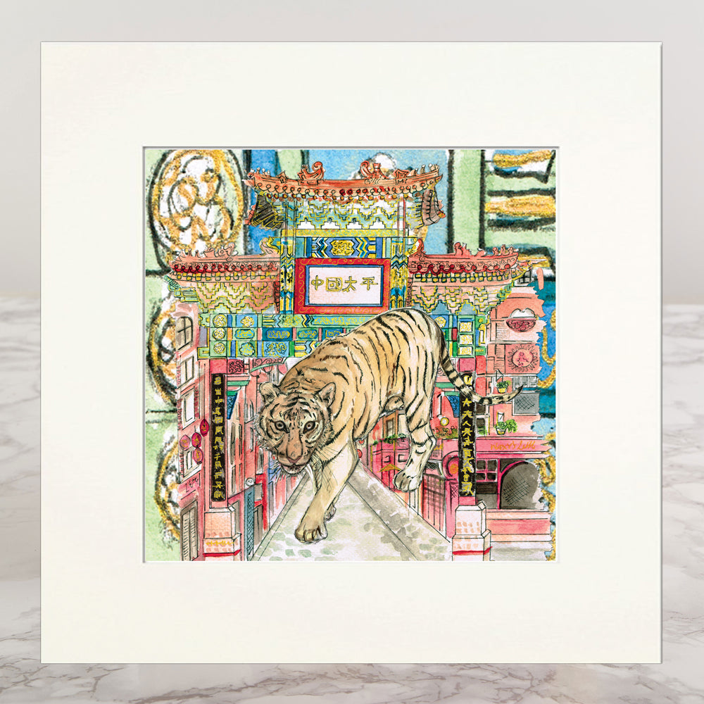 Tiger In The City Mounted Print