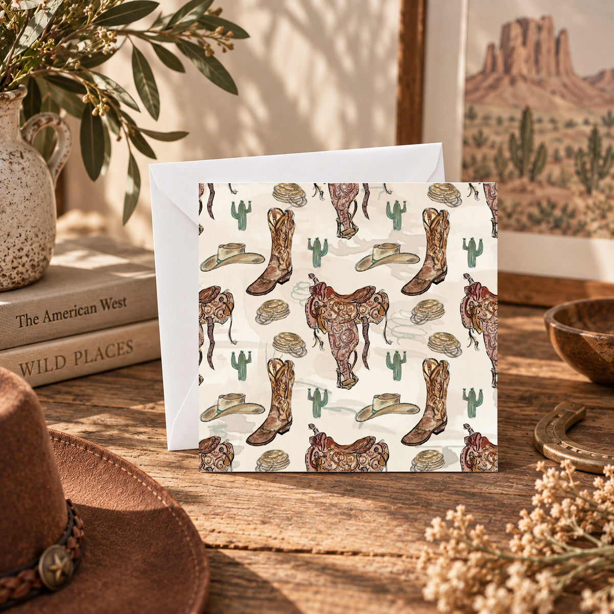 A square greeting card with a western-themed pattern of cowboy boots, hats, cacti, and horseshoes, displayed on a rustic wooden table with a white envelope behind it. The scene is styled with a leather hat, dried flowers, a ceramic pitcher, and a framed western print.