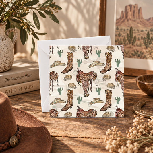 A square greeting card with a western-themed pattern of cowboy boots, hats, cacti, and horseshoes, displayed on a rustic wooden table with a white envelope behind it. The scene is styled with a leather hat, dried flowers, a ceramic pitcher, and a framed western print.