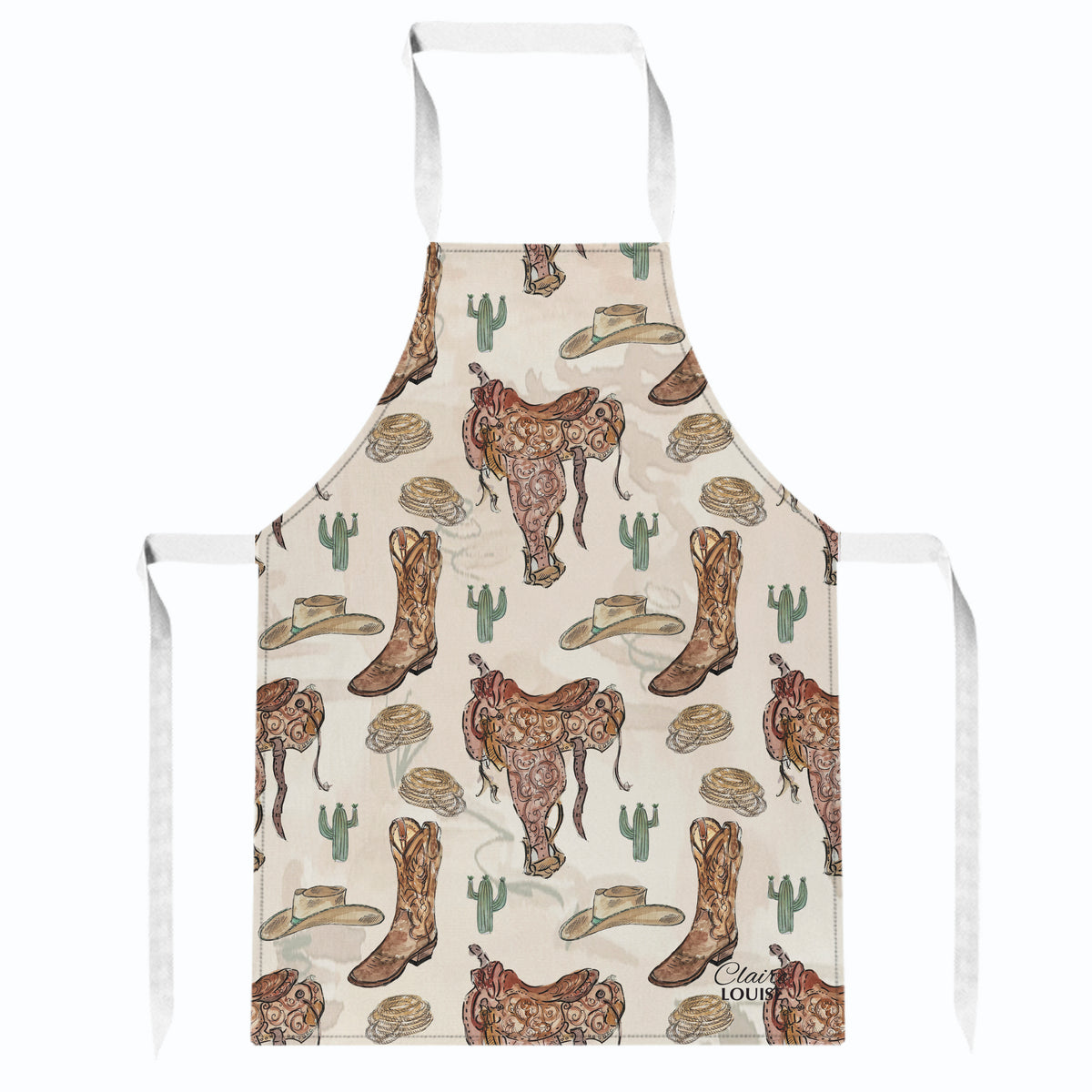 A white bib apron with a cowboy-themed print featuring brown leather boots, saddles, cowboy hats, cacti, and horseshoes on a cream background.
