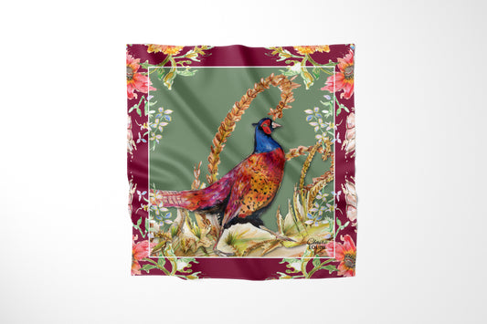 Whimsical Pheasant Scarf by Claire Louise, a cock pheasant among golden wheat on sage green with a burgundy floral border