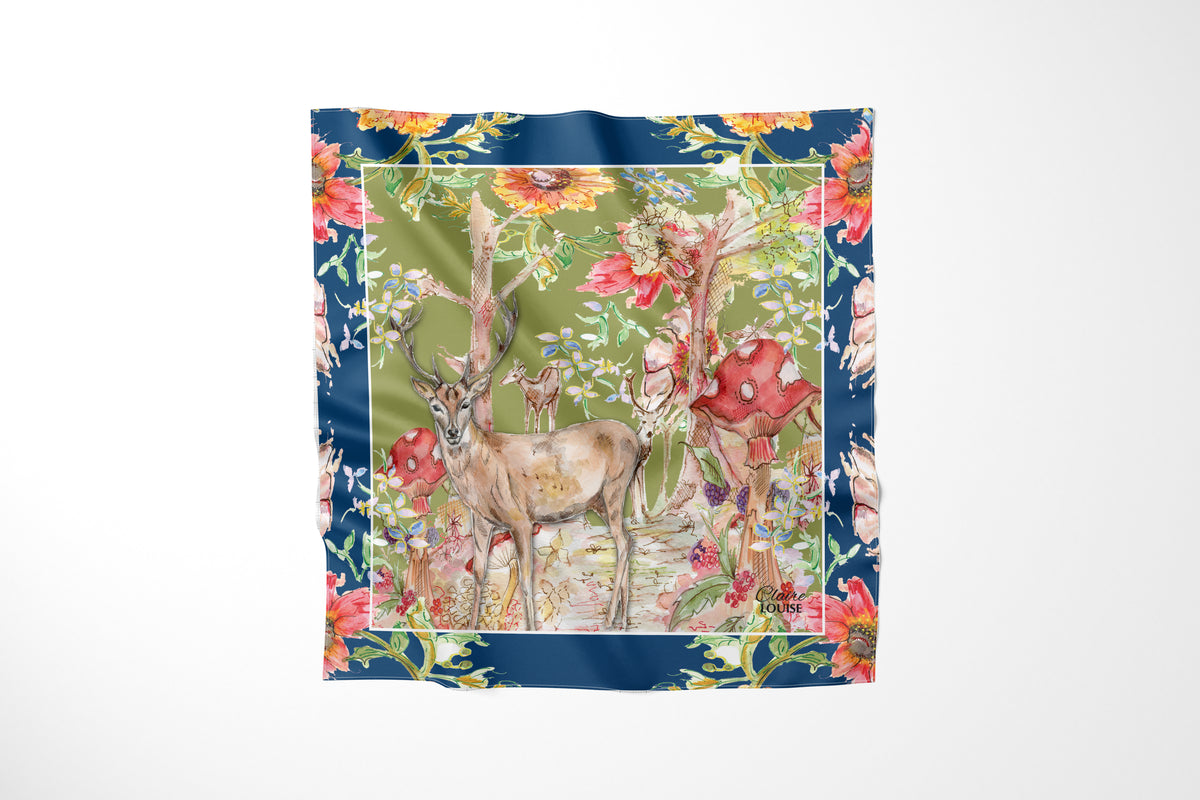 Whimsical Stag Scarf by Claire Louise, a stag and deer in a woodland of red toadstools on olive green with a navy floral border