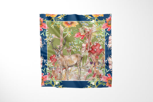 Whimsical Stag Scarf by Claire Louise, a stag and deer in a woodland of red toadstools on olive green with a navy floral border