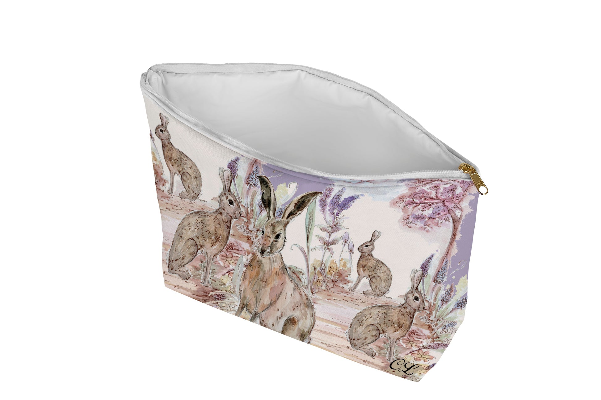 Cosmetic bag with rabbit print on a lilac background