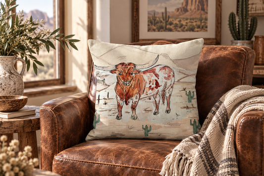 A square throw pillow featuring a painted longhorn cattle illustration in a desert landscape, styled on a brown leather armchair in a rustic living room setting.