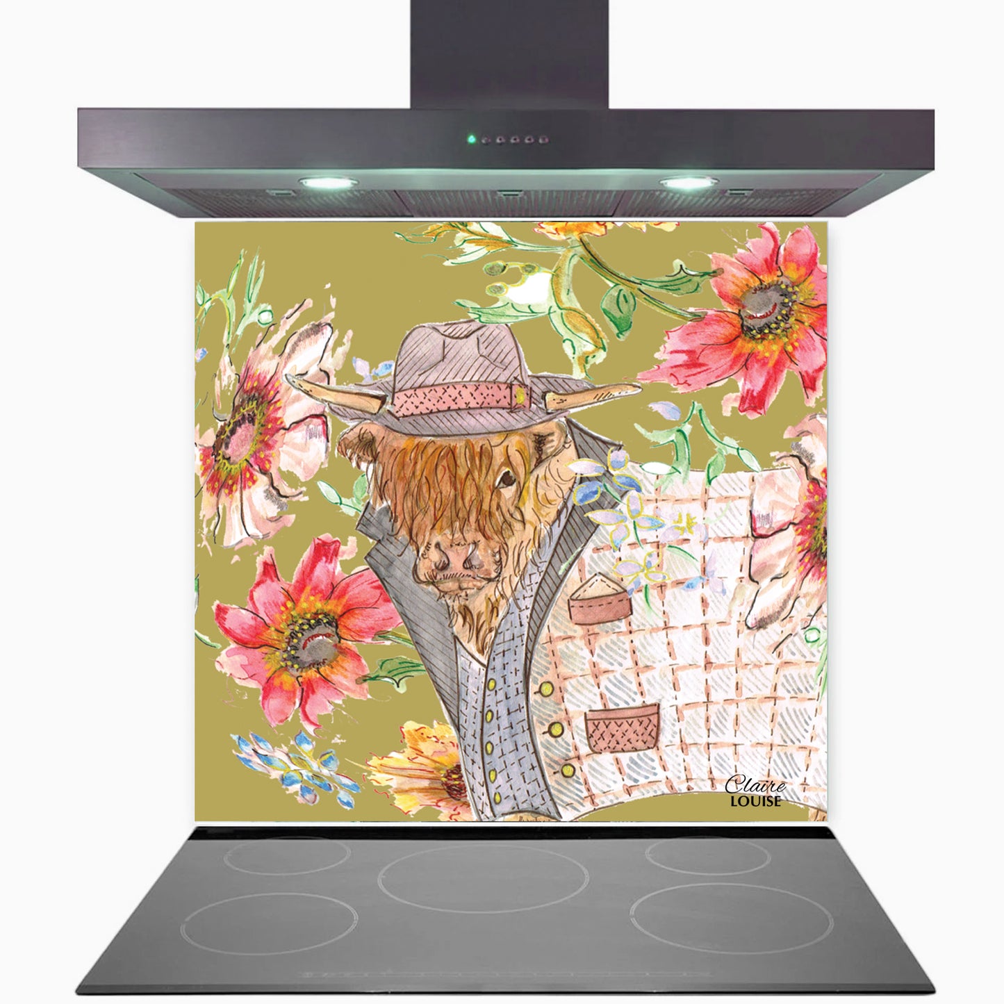 Cottage Highland Cow Kitchen Glass Splashback