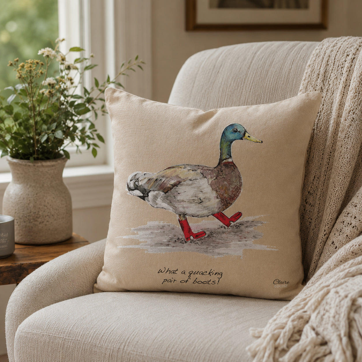 Duck In Boots Cushion (Beige)