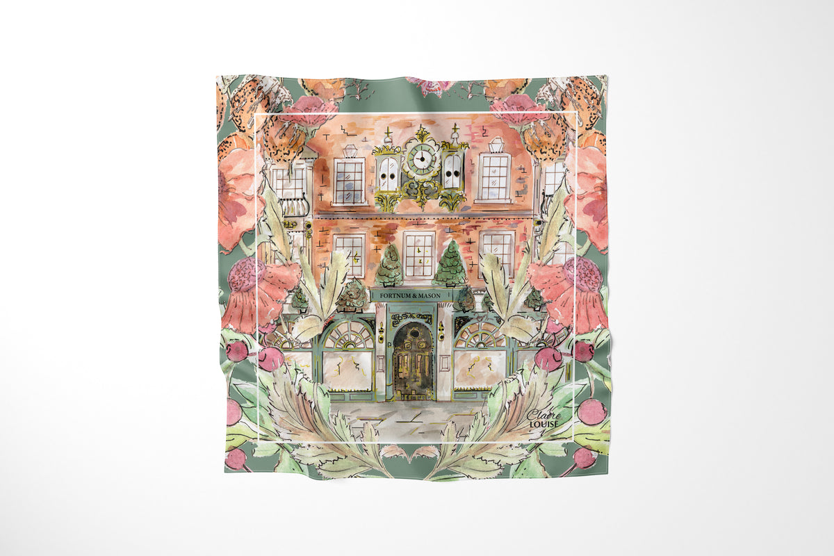 Fortnums In Full Bloom Scarf by Claire Louise: watercolour of the Fortnum & Mason Piccadilly store and clock framed by pink peonies and sage green foliage