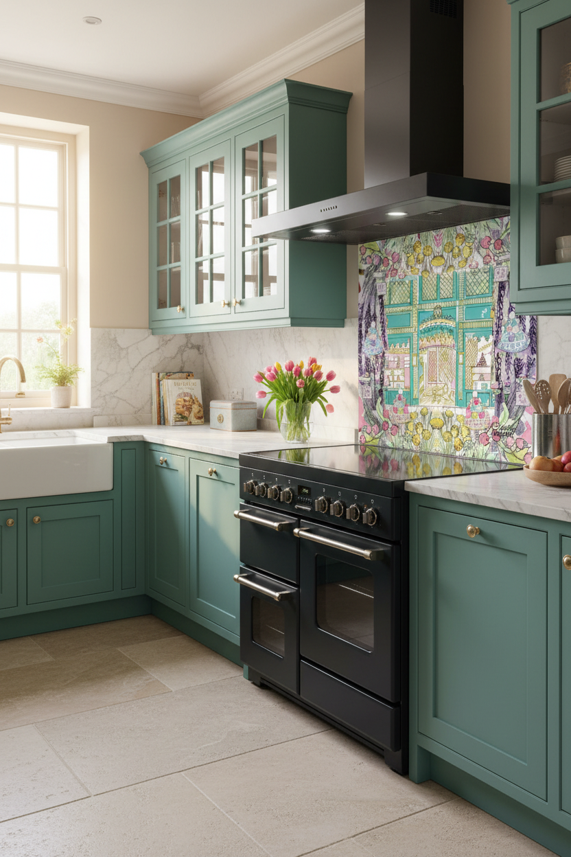 Laduree in Full Bloom Splashback Teal Kitchen
