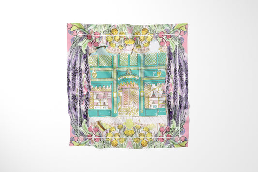 Ladurée In Full Bloom Scarf by Claire Louise: watercolour of the mint green Ladurée macaron shopfront framed by lavender, pink berries and yellow blooms