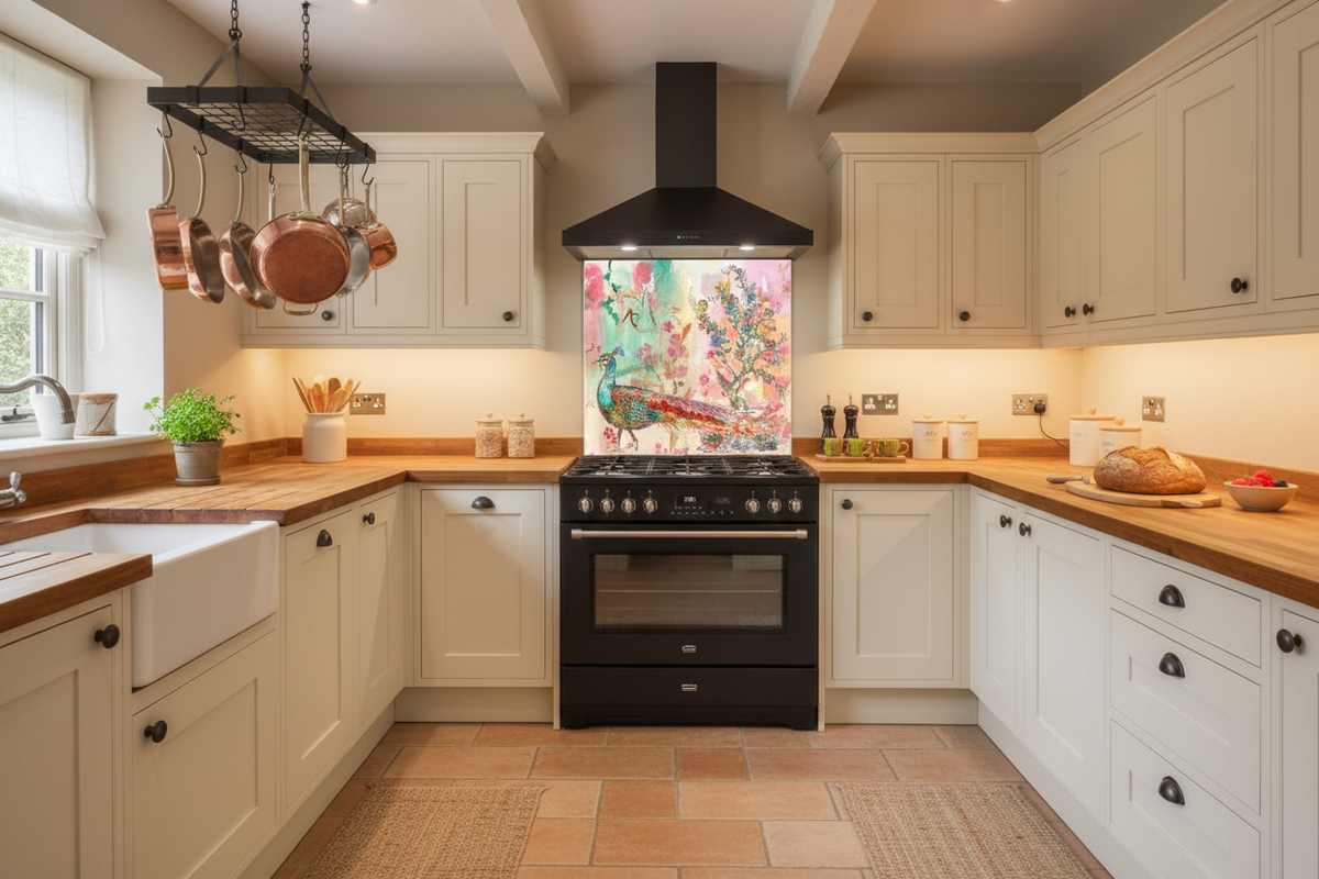 Peacock Splashback - Country Kitchen
