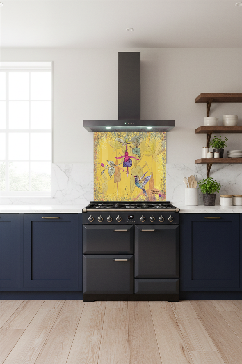Powder Bloom Fuchsia Splashback Navy Kitchen