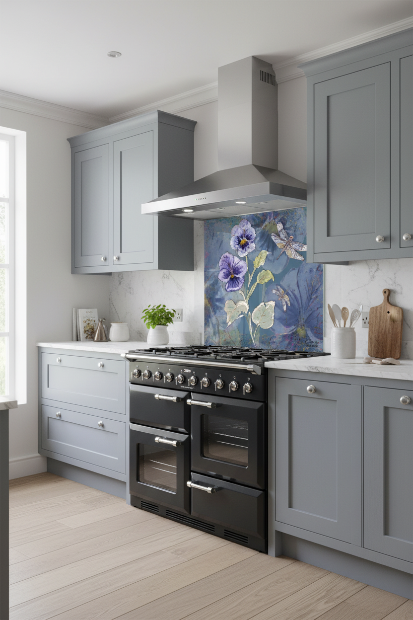 Powder Bloom Pansies Splashback Grey-Blue Kitchen
