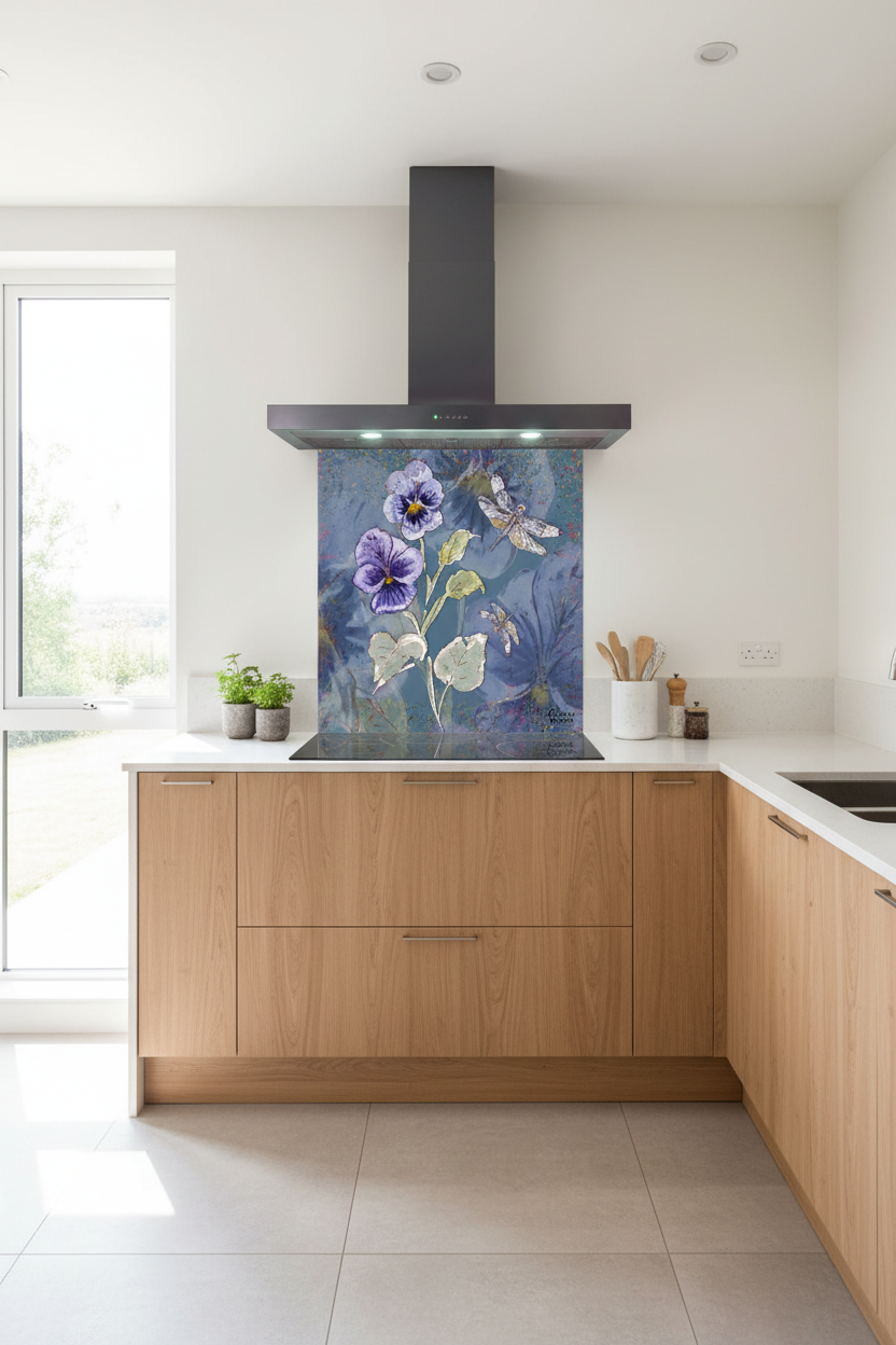 Powder Bloom Pansies Splashback Modern Kitchen