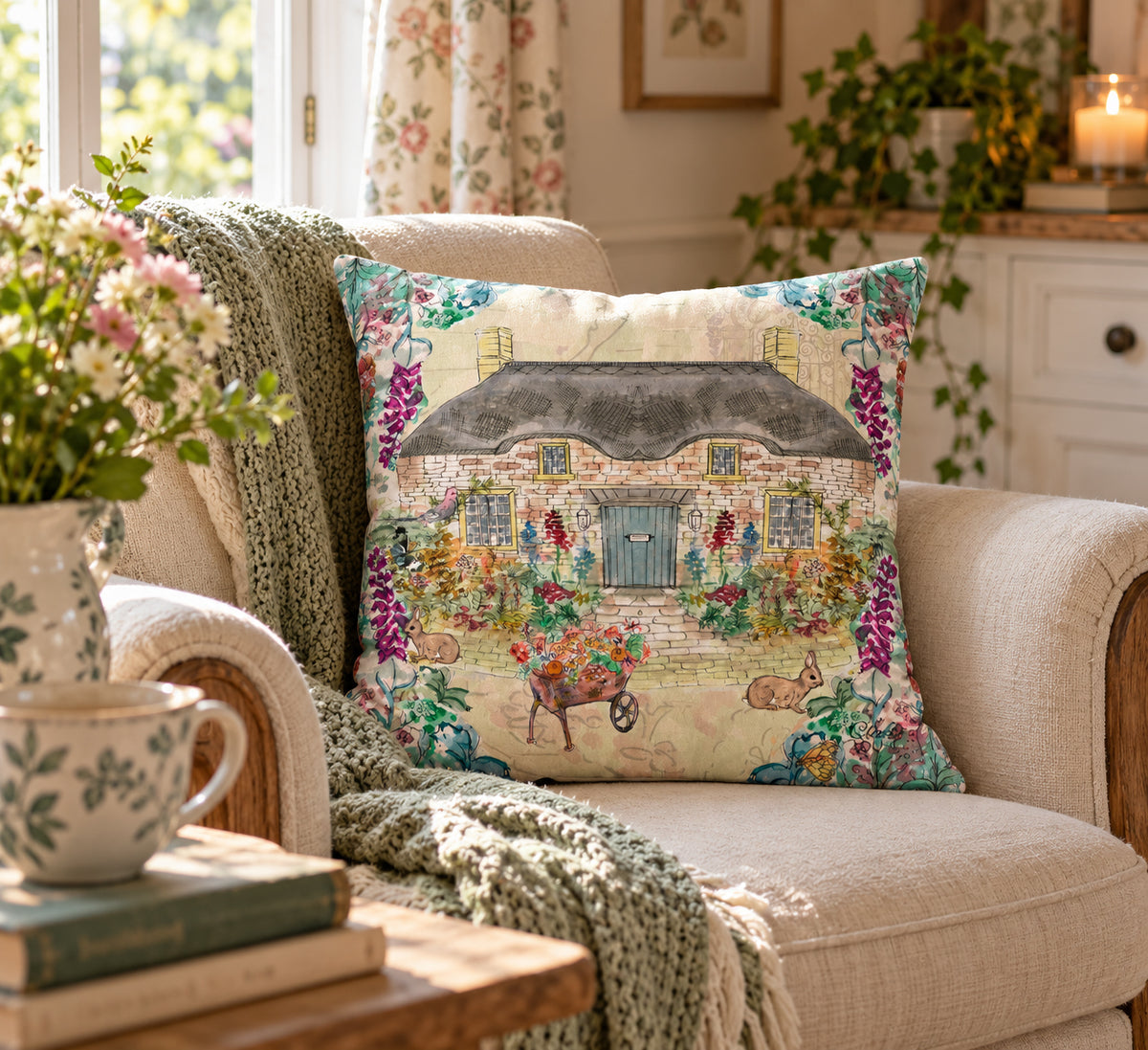 A square decorative throw pillow featuring a vintage-style illustration of a stone cottage with a thatched roof, displayed on a beige armchair in a cozy, sunlit living room.