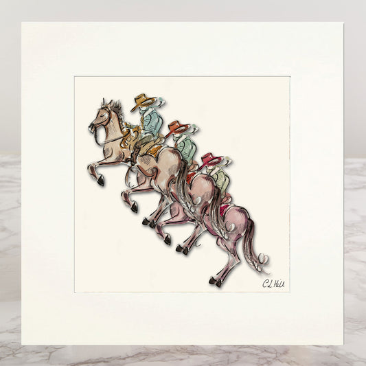 A matted art print featuring a whimsical illustration of three cowboys. The print is displayed on a light gray marble surface against a neutral gray background.