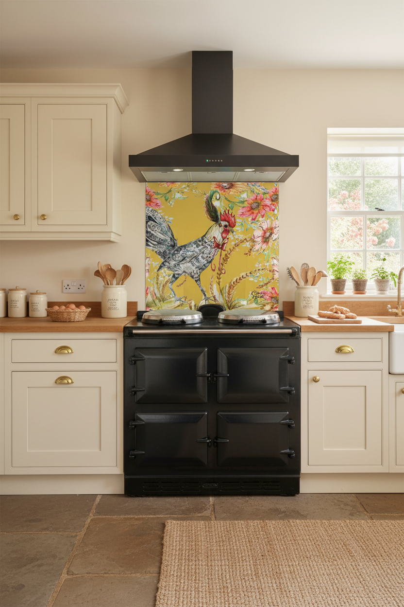 Whimsical Cockerel Splashback Cottage Kitchen