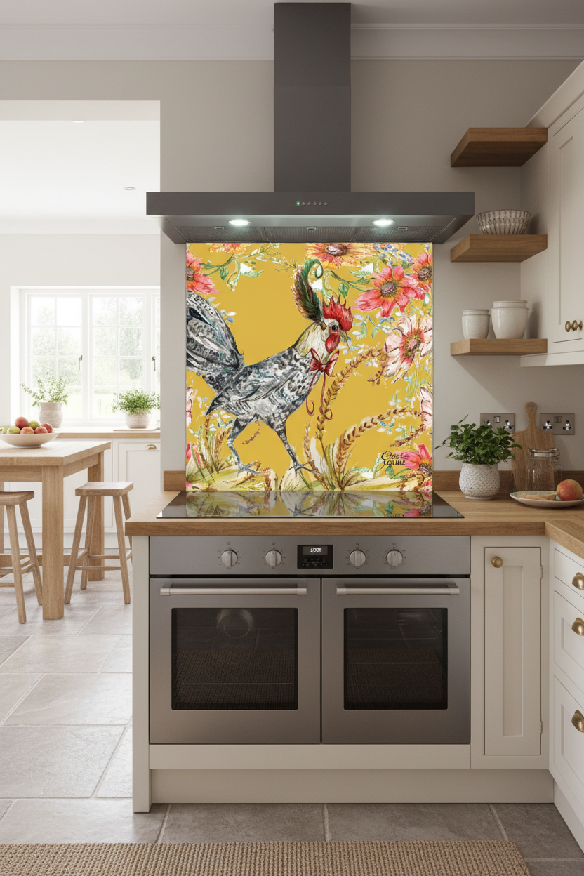 Whimsical Cockerel Splashback Modern Kitchen